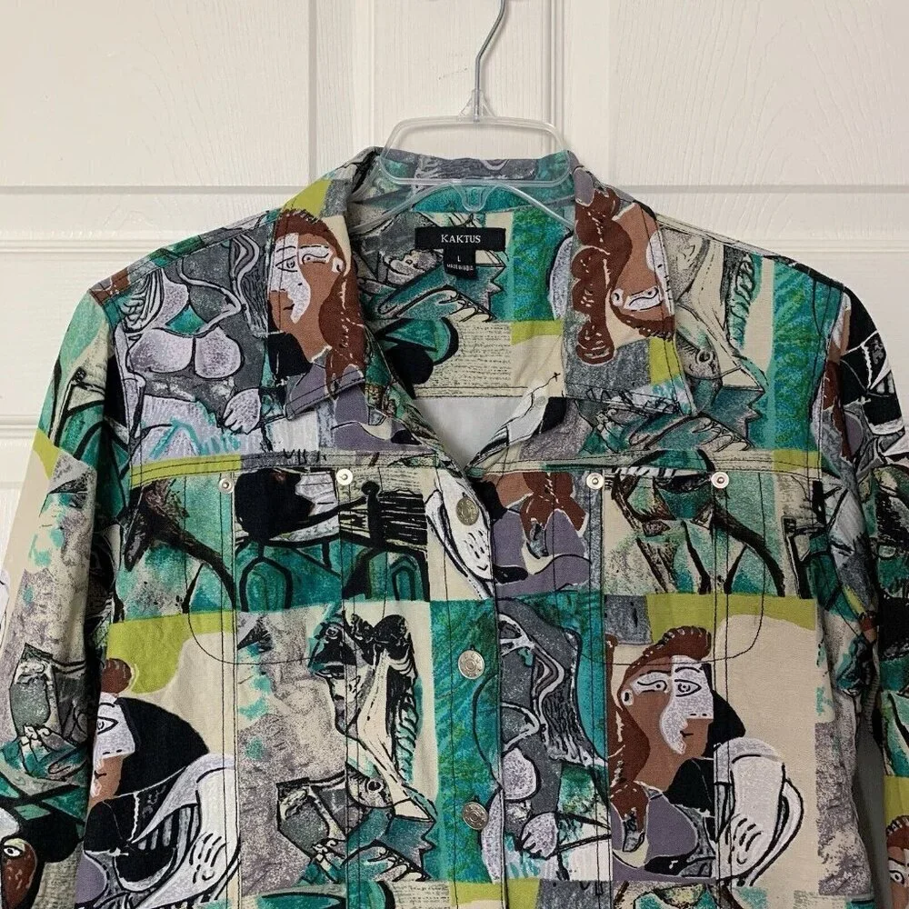 Kaktus Picasso Modernist Jacket Blazer 3/4 Sleeve Linen Women’s Large Lined